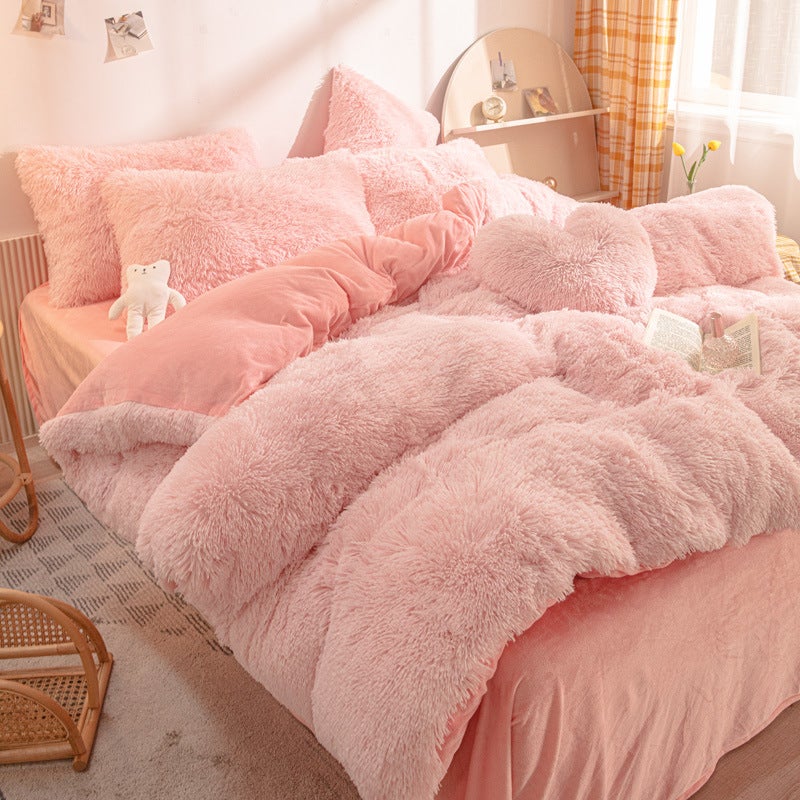 Mink Velvet Four-Piece Thickened Warm And Comfortable Princess Wind Plush Three-Piece Solid Color Bed Sheet - Image 3