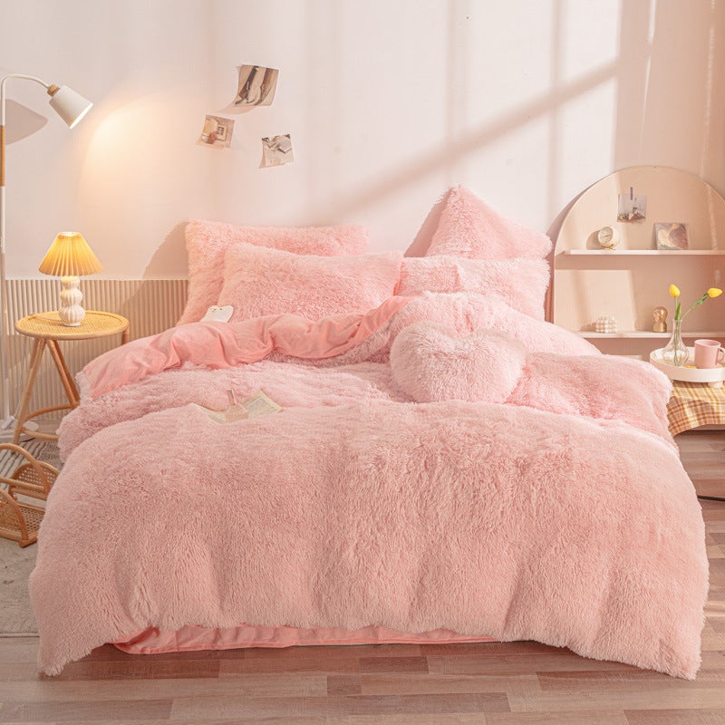Mink Velvet Four-Piece Thickened Warm And Comfortable Princess Wind Plush Three-Piece Solid Color Bed Sheet - Image 2