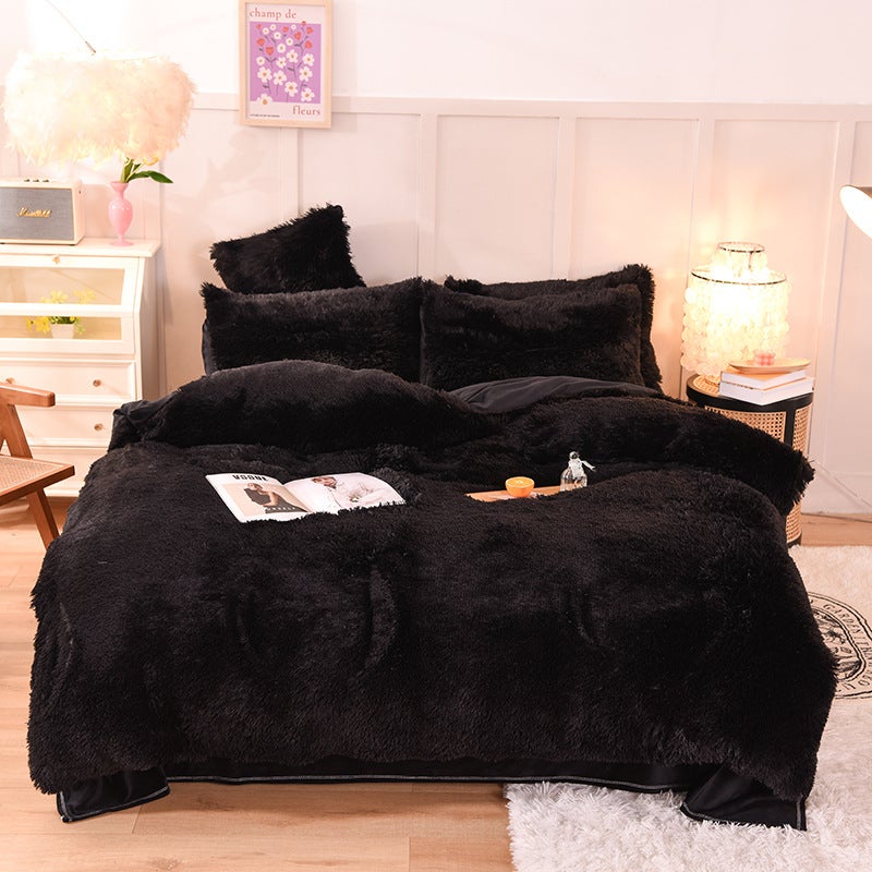 Mink Velvet Four-Piece Thickened Warm And Comfortable Princess Wind Plush Three-Piece Solid Color Bed Sheet - Image 1