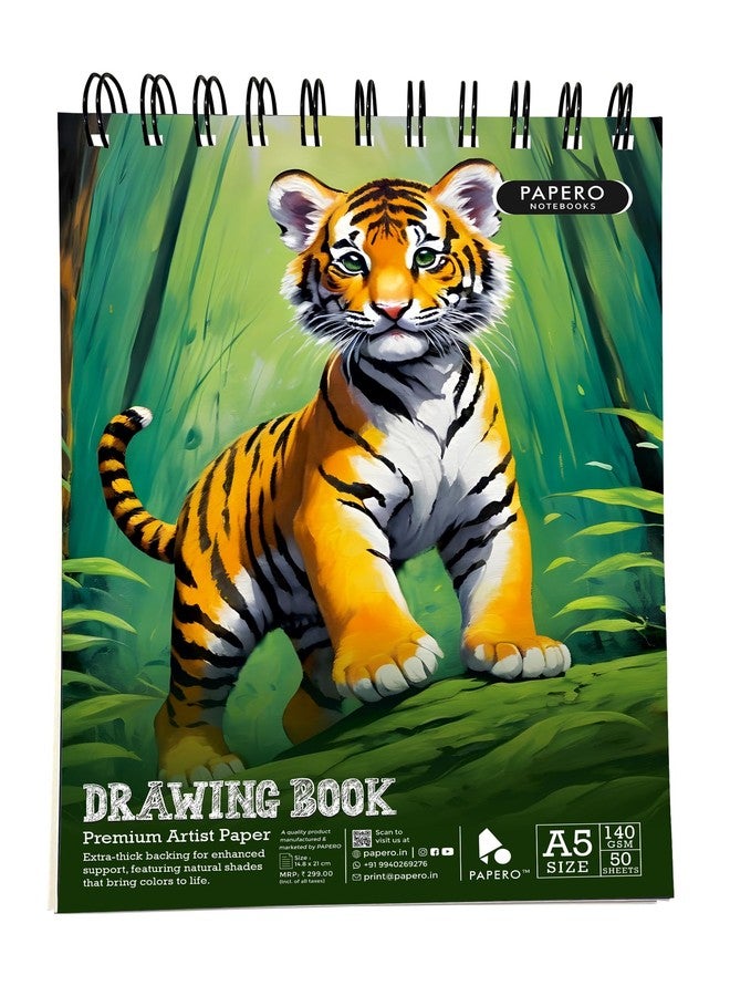PaperO A5 Sketch Book - 140 GSM, 100 Pages/50 Sheets, Metal Wire-O Bound - Ideal for Professional Artists, Architects, Kids, and Adults (21.0 x 14.8 cm) (Tiger) - Image 1