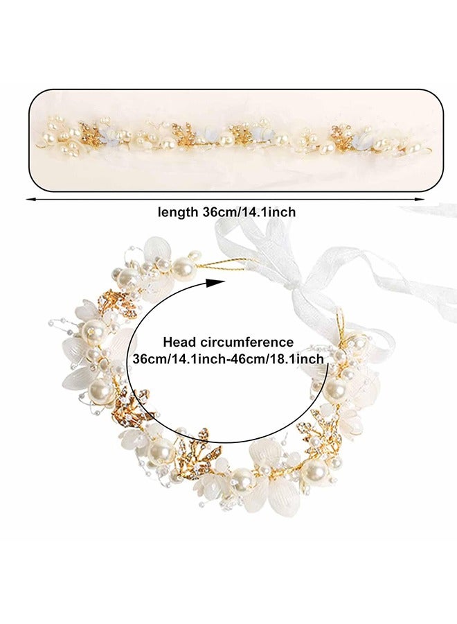 Flower Crystal Headpiece Rhinestone Pearl Headband Alloy Floral Bridal Hair Accessories Communion Wedding Prom Photography for Girls and Women, Flower Girls and Bridesmaid (Gold) - Image 3