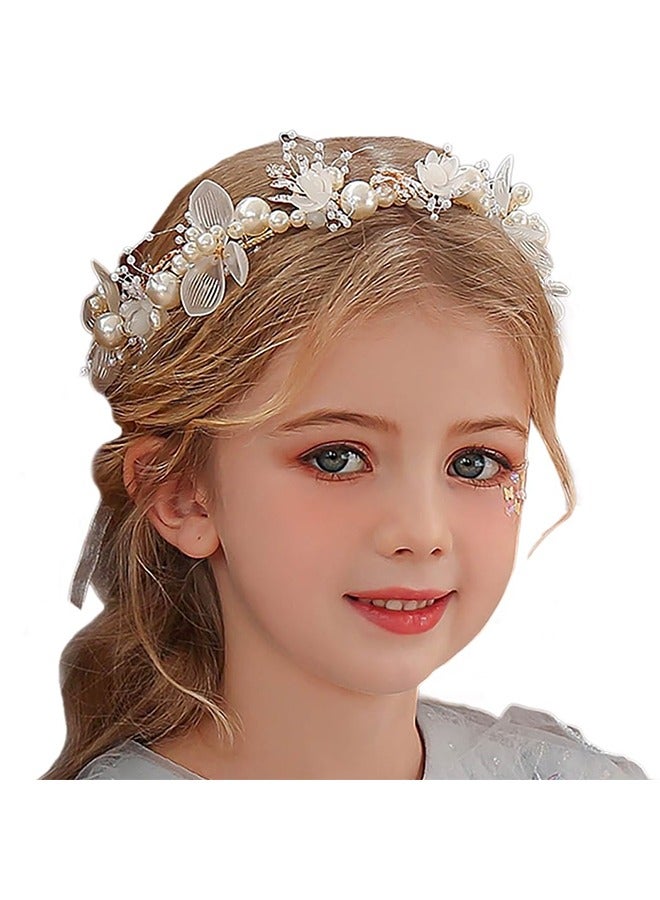 Flower Crystal Headpiece Rhinestone Pearl Headband Alloy Floral Bridal Hair Accessories Communion Wedding Prom Photography for Girls and Women, Flower Girls and Bridesmaid (Gold) - Image 1