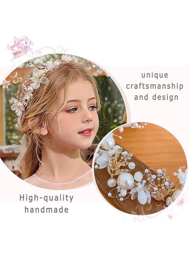 Flower Crystal Headpiece Rhinestone Pearl Headband Alloy Floral Bridal Hair Accessories Communion Wedding Prom Photography for Girls and Women, Flower Girls and Bridesmaid (Gold) - Image 4