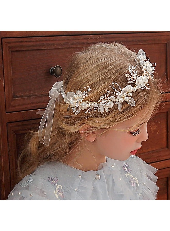 Flower Crystal Headpiece Rhinestone Pearl Headband Alloy Floral Bridal Hair Accessories Communion Wedding Prom Photography for Girls and Women, Flower Girls and Bridesmaid (Gold) - Image 2