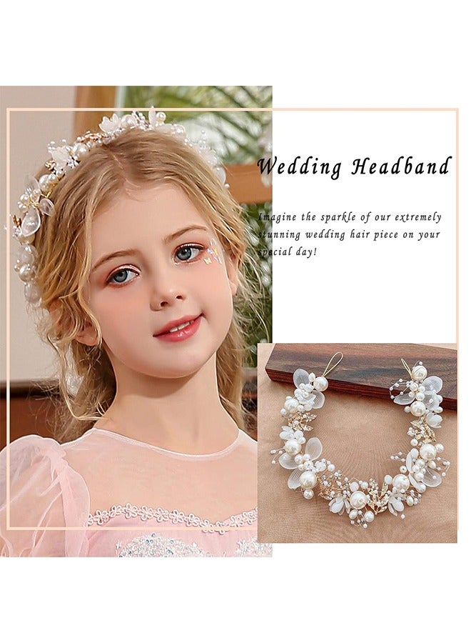 Flower Crystal Headpiece Rhinestone Pearl Headband Alloy Floral Bridal Hair Accessories Communion Wedding Prom Photography for Girls and Women, Flower Girls and Bridesmaid (Gold) - Image 5