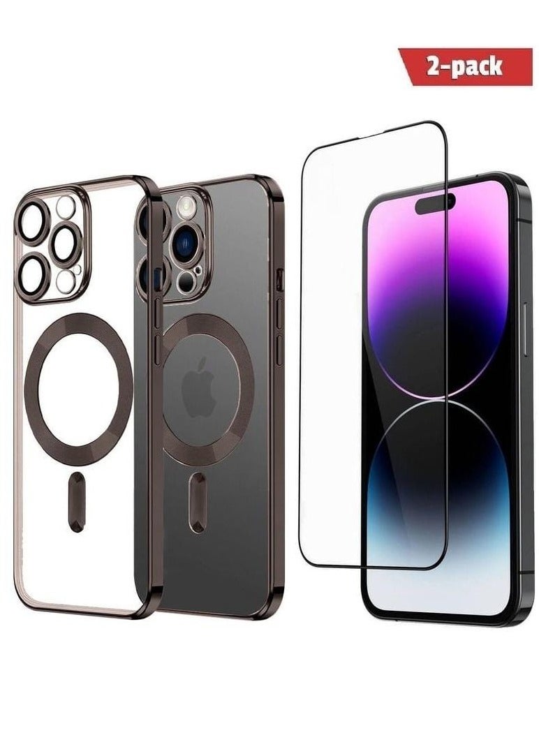 2Pack for iPhone 14 Pro Magsafe Case and Screen Protector Clear Electroplating Frame Wireless Charging Cover with Temped Glass Brown/Clear - Image 1