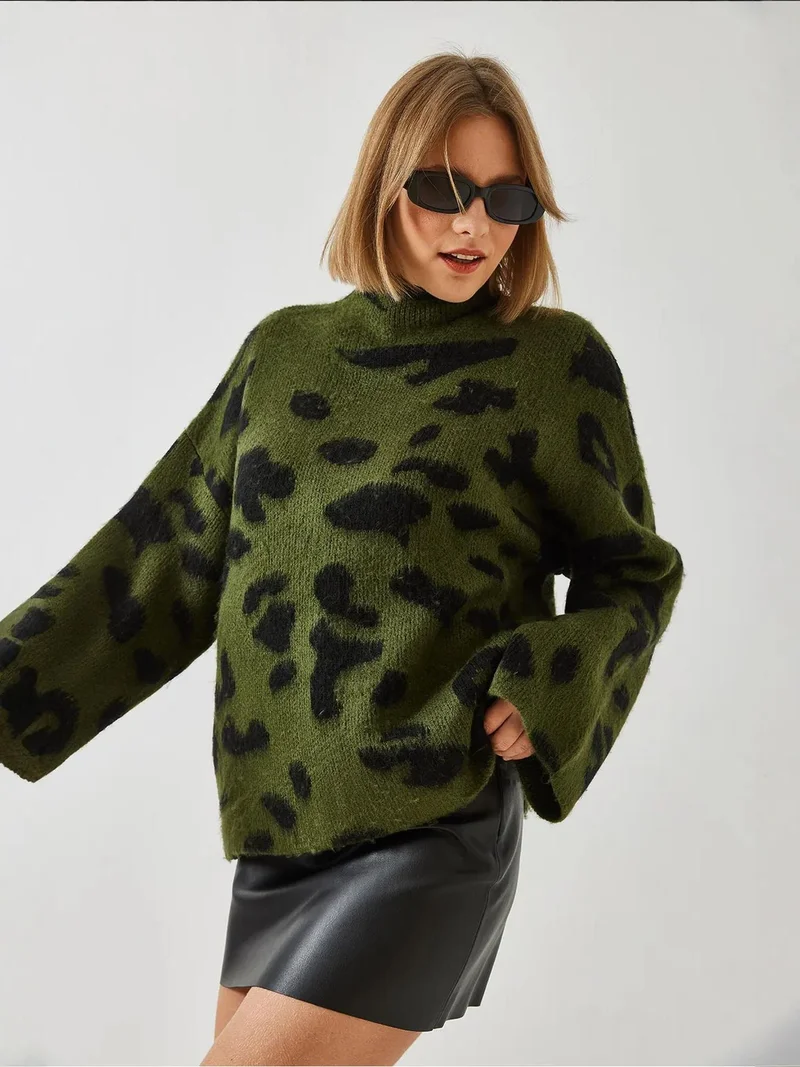Bianco Lucci Khaki Green LUCCI Relaxed Fit Leopard Print Half Turtleneck Sweater for Women | Best Price UAE