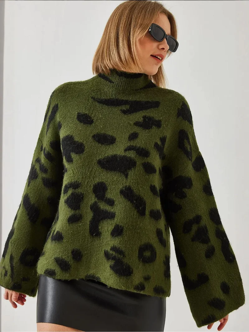 Bianco Lucci Khaki Green LUCCI Relaxed Fit Leopard Print Half Turtleneck Sweater for Women | Best Price UAE