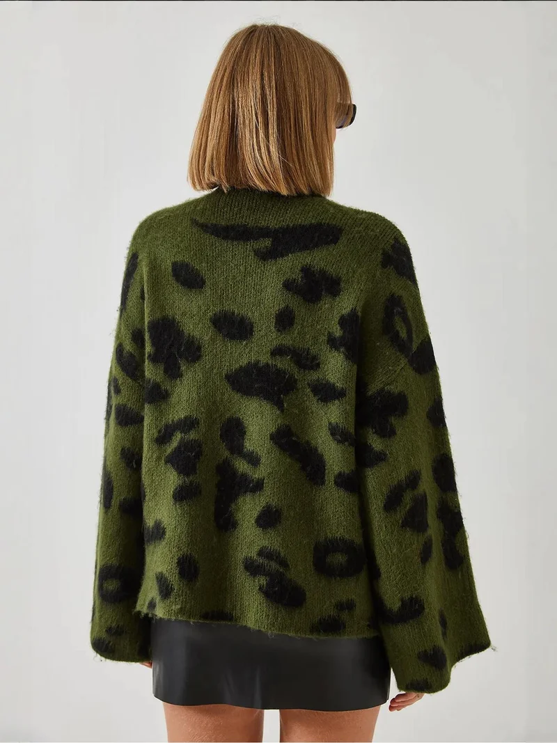 Bianco Lucci Khaki Green LUCCI Relaxed Fit Leopard Print Half Turtleneck Sweater for Women | Best Price UAE