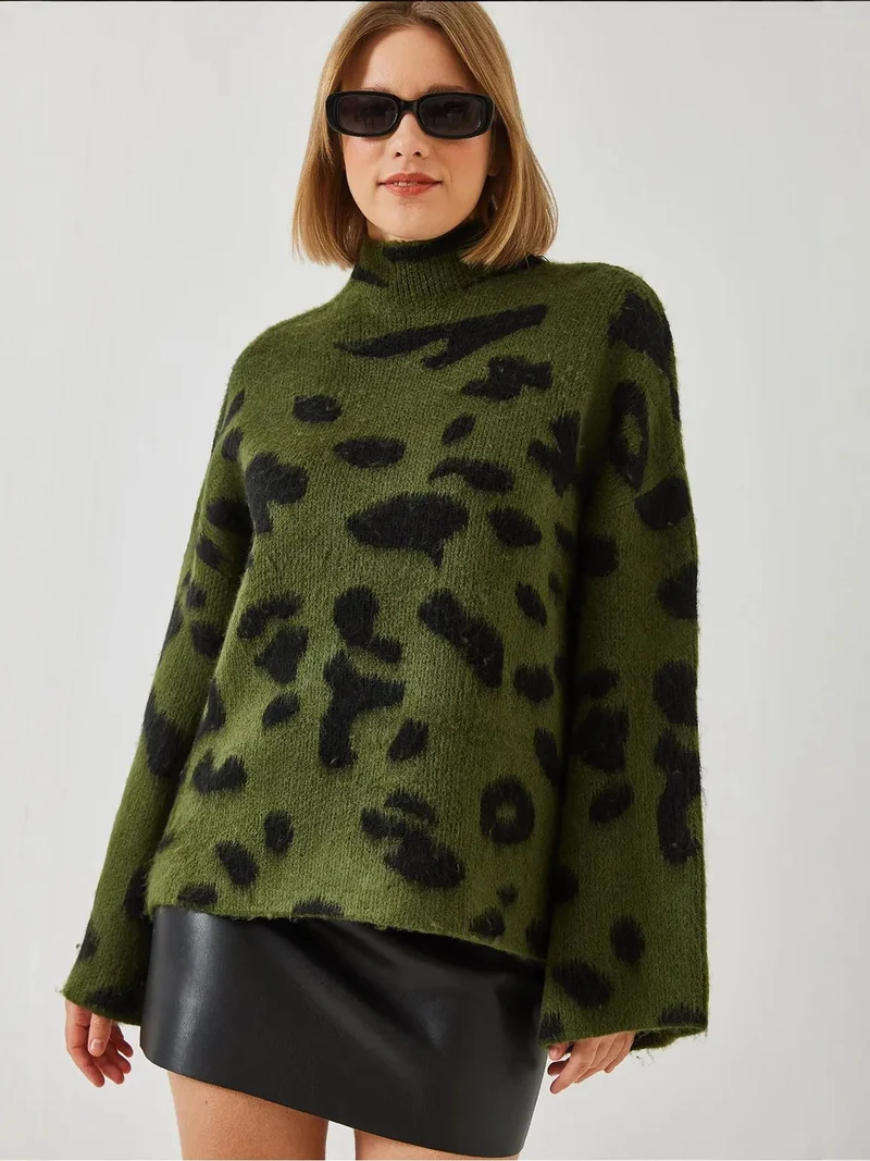 Bianco Lucci Khaki Green LUCCI Relaxed Fit Leopard Print Half Turtleneck Sweater for Women | Best Price UAE