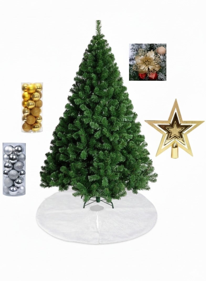 ACLIX The Complete 210cm Holiday Spruce Kit: Green X Mas Tree with Luxury Gold & Silver Decor,  white skirt,  star, and Glitter Floral flowers - Image 1