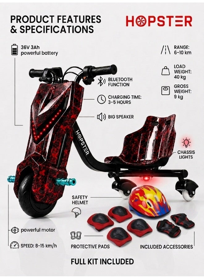 Hopster Kid's Advanced Electric Drift Scooter for Kids with 180W Motor, Medium 6.5 inch wheel, Comfortable Racing Seat, Rear Drift Wheel System, Long-Lasting Rechargeable Battery, Red & Black - Image 2