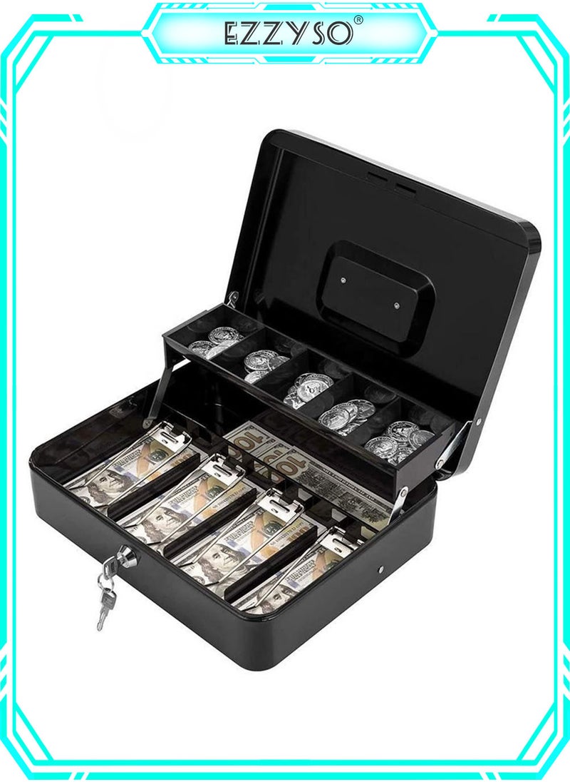 EzzySo - Locking Cash Box with Key Lock, Metal Money Safe with Cash Tray, Cash Storage Box with Lockable Cover, Money Saving Organizer Black - Image 1