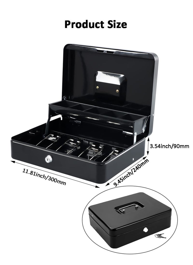 EzzySo - Locking Cash Box with Key Lock, Metal Money Safe with Cash Tray, Cash Storage Box with Lockable Cover, Money Saving Organizer Black - Image 1