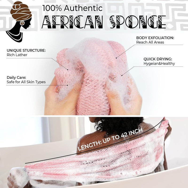 RelaxScene Afro Scrubber African Net Sponge - 2 Pieces Authentic African Wash Cloths - Exfoliating Body Sponges for Showering Forest & BabyPink - Back Scrub Exfoliator Shower Loofah for Body Bath Accessories - Image 2