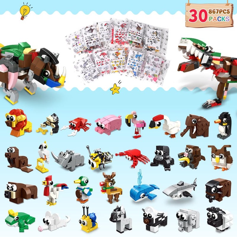 HOGOKIDS 30 Packs Party Favors for Kids - 867PCS Animals Building Blocks Sets for Classroom Prizes Goodie Bag Fillers Stocking Stuffers Birthday Valentines Easter Gifts for Kids Boys Girls 6+ - Image 2