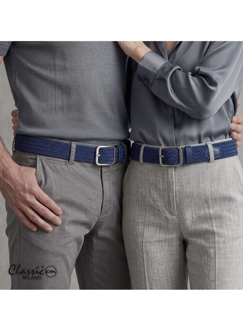 Classic Milano Blue (DWE-314) Classic Milano Braided Cotton Elastic Stretch Belt for Men & Women, Woven Canvas Web Belt with Gift Box, Adjustable Men's Belt | Full Length: 110CM (Free Size - Fits up to the waist of 40 Inches / 100 CM)  | Best Price UAE