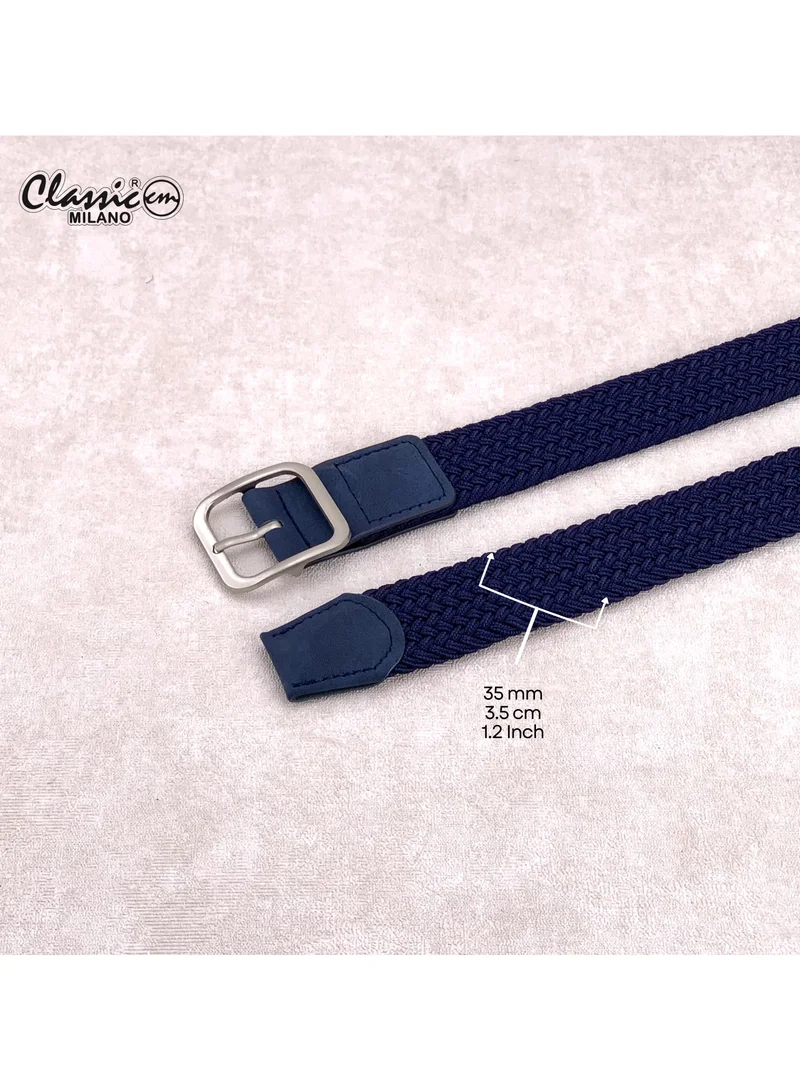 Classic Milano Blue (DWE-314) Classic Milano Braided Cotton Elastic Stretch Belt for Men & Women, Woven Canvas Web Belt with Gift Box, Adjustable Men's Belt | Full Length: 110CM (Free Size - Fits up to the waist of 40 Inches / 100 CM)  | Best Price UAE