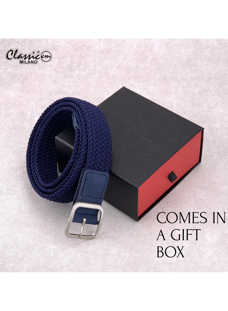 Classic Milano Blue (DWE-314) Classic Milano Braided Cotton Elastic Stretch Belt for Men & Women, Woven Canvas Web Belt with Gift Box, Adjustable Men's Belt | Full Length: 110CM (Free Size - Fits up to the waist of 40 Inches / 100 CM)  | Best Price UAE