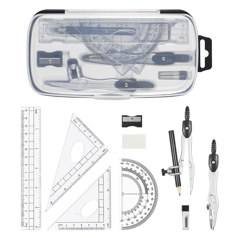 Unjoo Math Geometry Kit Sets 10 Piece Student Supplies with Shatterproof Storage Box,Includes Rulers,Protractor,Compass,Eraser,Pencil Sharpener,Lead Refills,Pencil,for Drafting and Drawingsï¼ˆBlackï¼‰ - Image 2