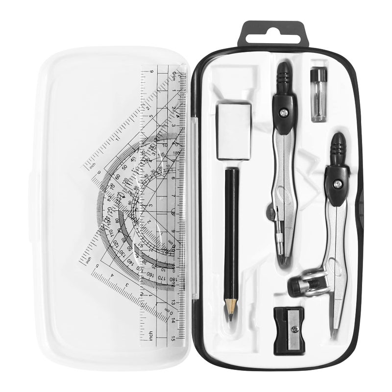 Unjoo Math Geometry Kit Sets 10 Piece Student Supplies with Shatterproof Storage Box,Includes Rulers,Protractor,Compass,Eraser,Pencil Sharpener,Lead Refills,Pencil,for Drafting and Drawingsï¼ˆBlackï¼‰ - Image 1