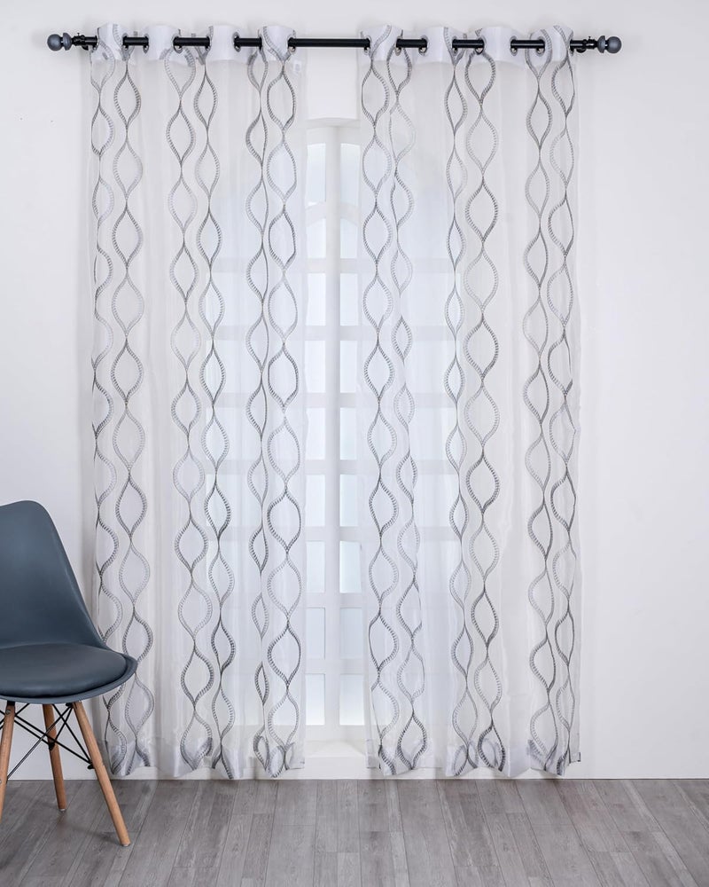 Parda Online Sheer Tissue Eyelet Geometric Design White Door Curtain for Home 7Ft Pack of 2 - Image 2