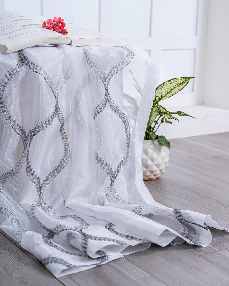 Parda Online Sheer Tissue Eyelet Geometric Design White Door Curtain for Home 7Ft Pack of 2 - Image 5