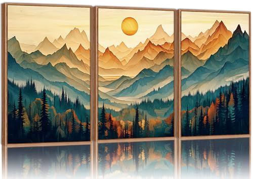 Tinonedraw Large Mountain Framed Canvas Wall Art Set of 3 Boho Nature Forest Wall Decor Neutral Wooden Pine Trees Artwork Sunrise Ridge Landscape Art Printing for Living Room Bedroom Office 16x24 - Image 1
