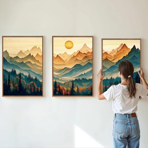 Tinonedraw Large Mountain Framed Canvas Wall Art Set of 3 Boho Nature Forest Wall Decor Neutral Wooden Pine Trees Artwork Sunrise Ridge Landscape Art Printing for Living Room Bedroom Office 16x24 - Image 3