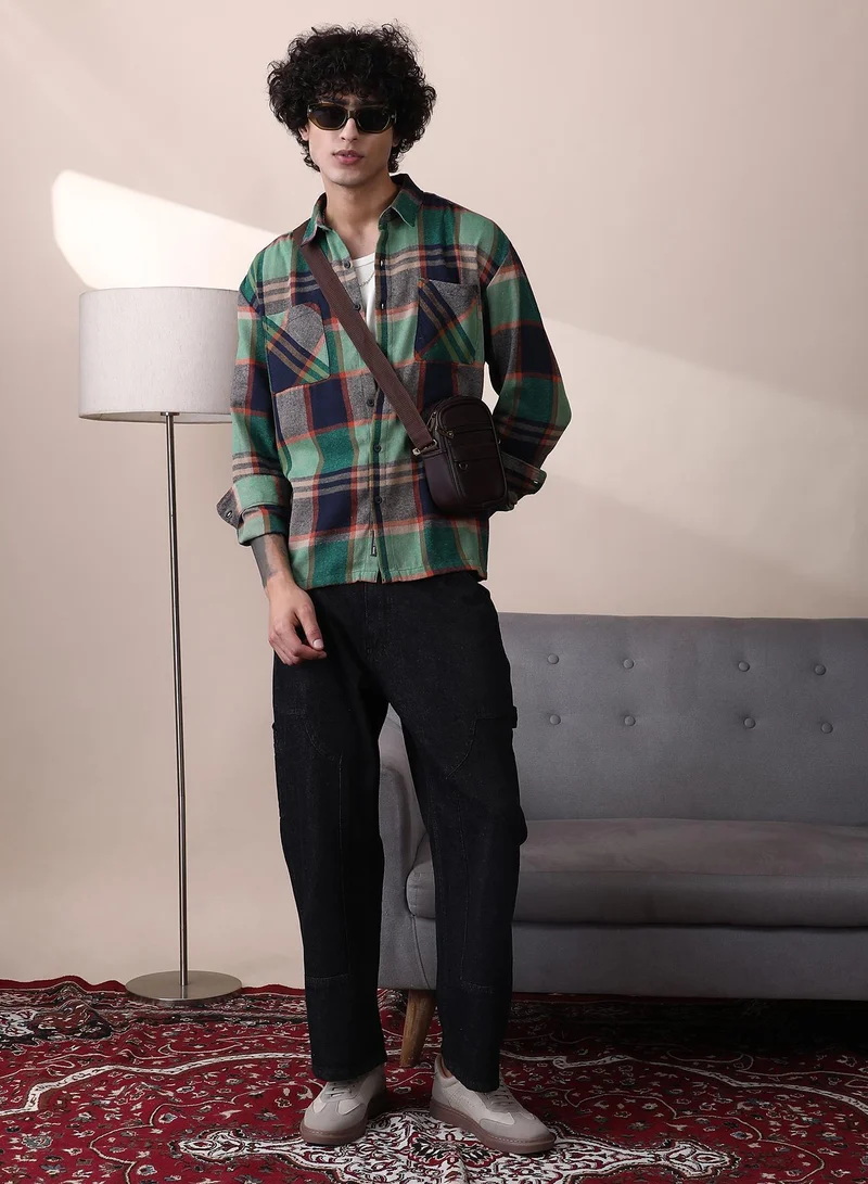 CAHOOT  Men's Jungle Green & Navy Blue Plaid-Check Utility Shacket for Men | Best Price UAE