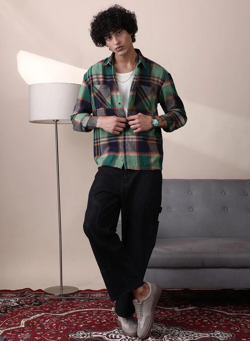 CAHOOT  Men's Jungle Green & Navy Blue Plaid-Check Utility Shacket for Men | Best Price UAE