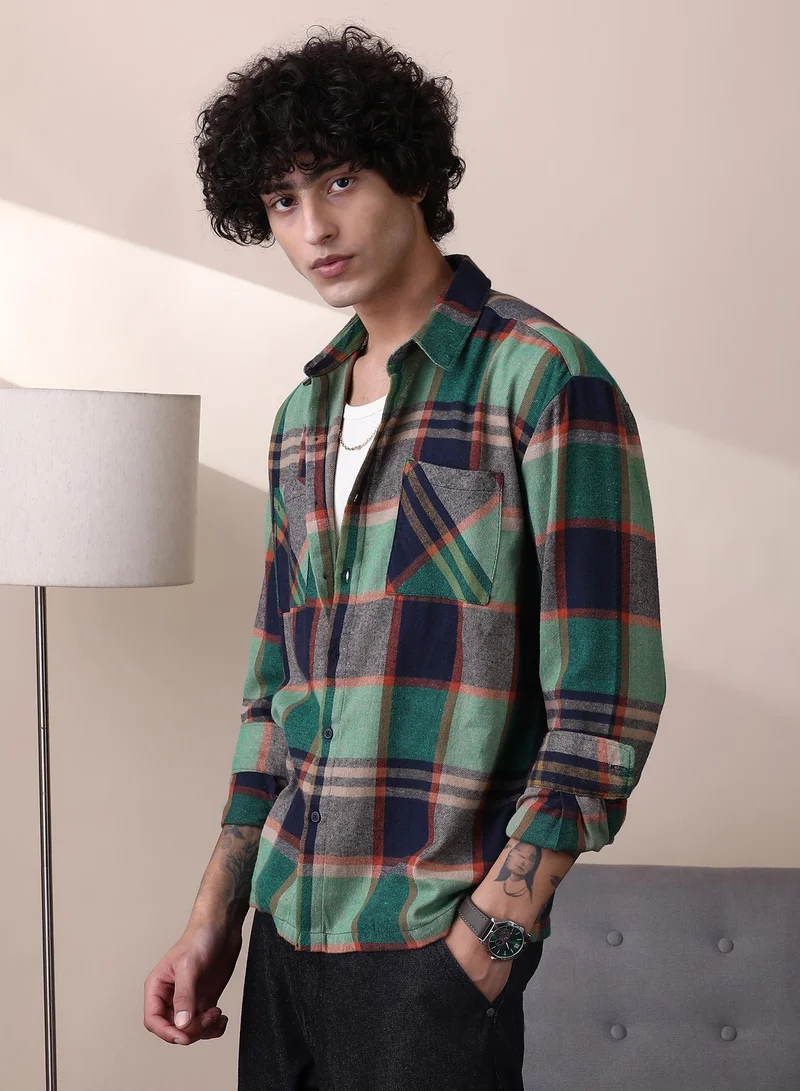 CAHOOT  Men's Jungle Green & Navy Blue Plaid-Check Utility Shacket for Men | Best Price UAE