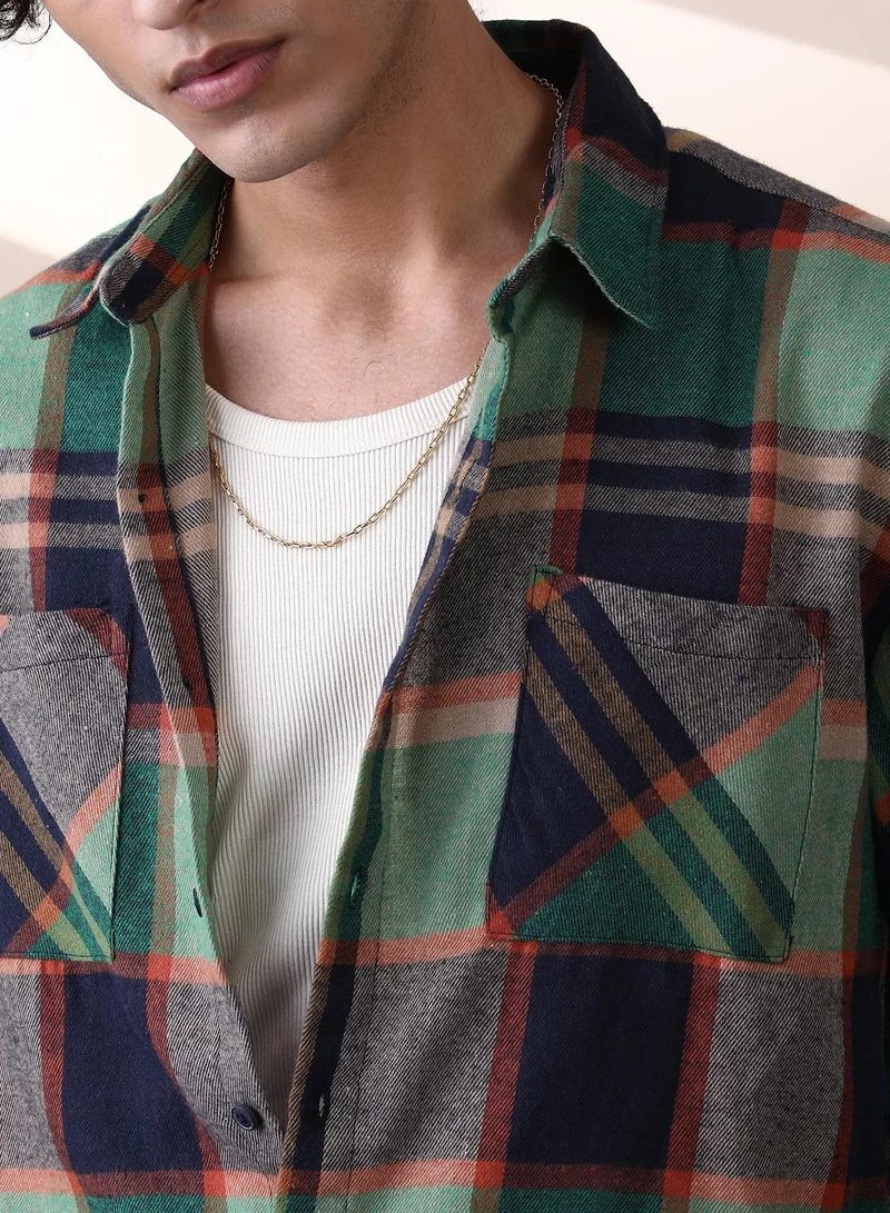 CAHOOT  Men's Jungle Green & Navy Blue Plaid-Check Utility Shacket for Men | Best Price UAE