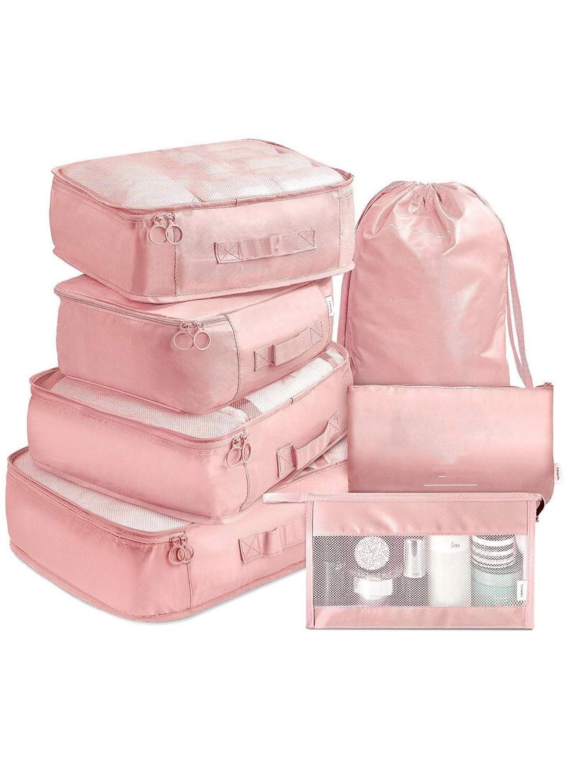 7 Pack Packing Cubes Value Set for Travel Luggage Organiser Bag Compression Pouches Clothes Suitcase Packing Organizers Set with Toiletry Bag -Pink - Image 1