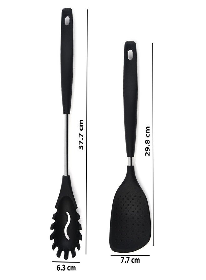P Plus Fire Slotted Spoon - Rice Spoon - Spoon Fork - Rice Spatula - Pasta Server - Flatware Rice Scooper - Spagethi Server - Service Spoon - Silicone Noodle Spatula - Rice Punja (Set of 2, Black) - Image 2