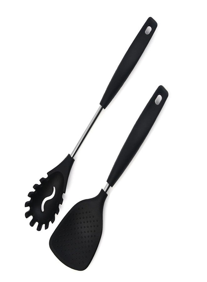 P Plus Fire Slotted Spoon - Rice Spoon - Spoon Fork - Rice Spatula - Pasta Server - Flatware Rice Scooper - Spagethi Server - Service Spoon - Silicone Noodle Spatula - Rice Punja (Set of 2, Black) - Image 1