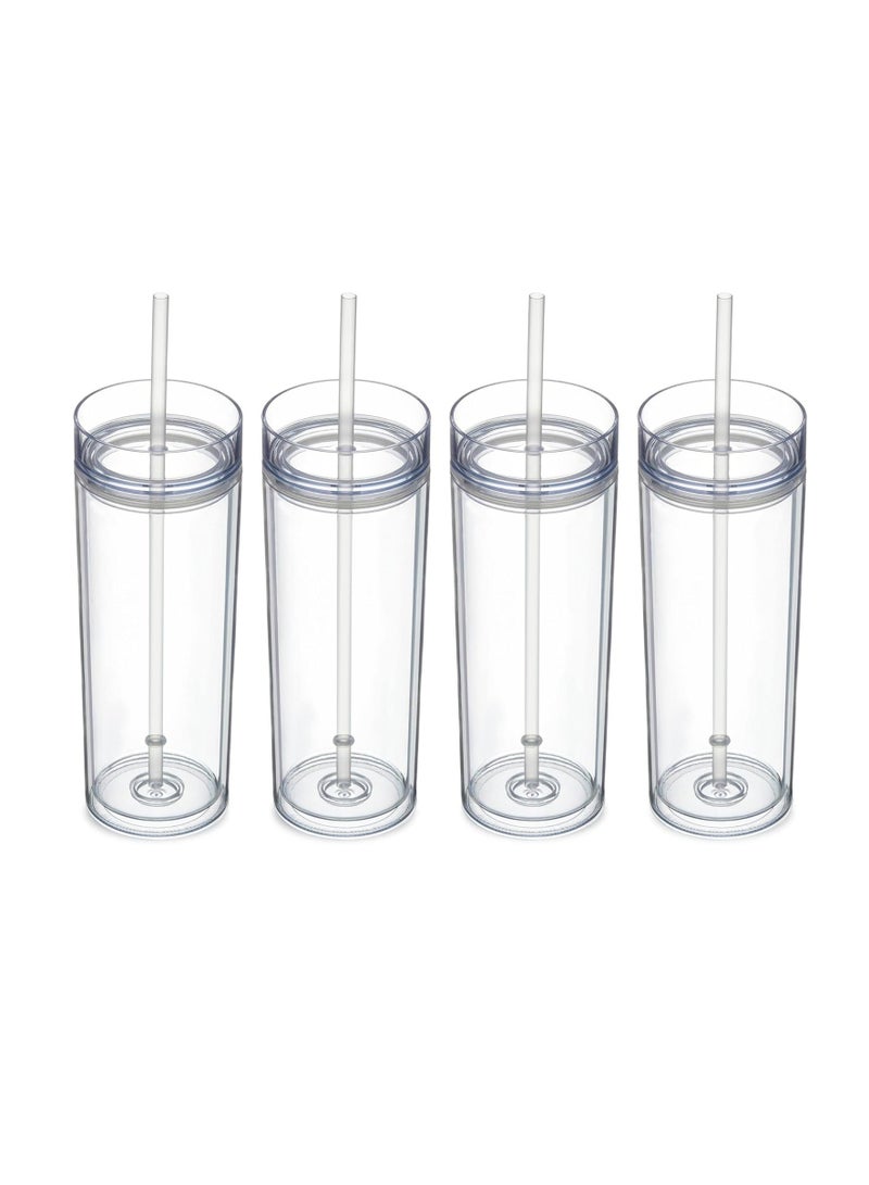 Excefore 20oz Skinny Tumblers 4 Pack Double Wall Acrylic Tumbler with Lid and Straw, 570ml Clear Color Reusable Plastic Cups With Straw for Parties, Birthdays, Customization DIY Gifts(Transparent, Set of 4) - Image 1