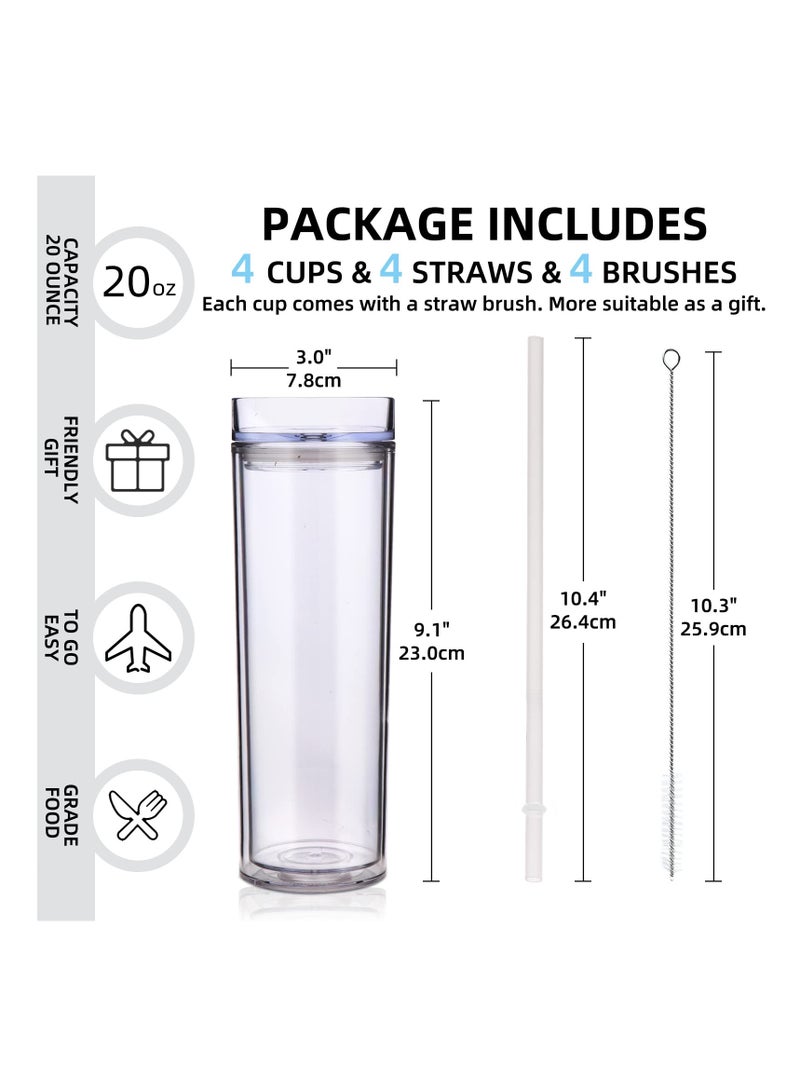Excefore 20oz Skinny Tumblers 4 Pack Double Wall Acrylic Tumbler with Lid and Straw, 570ml Clear Color Reusable Plastic Cups With Straw for Parties, Birthdays, Customization DIY Gifts(Transparent, Set of 4) - Image 3