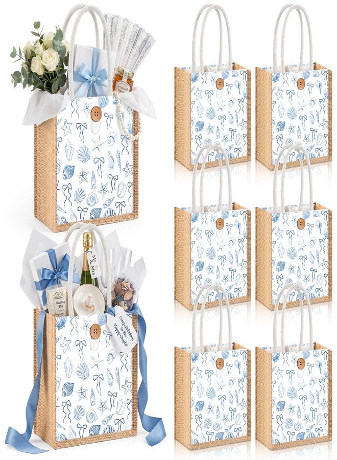 Abbylike 8 Pcs Ocean Seashell Beach Gift Bag Burlap Sea Shell Starfish Bow Party Favor Bags Coastal Reusable Canvas Goodie Candy Tote with Handle for Summer Wedding Sea Baby Shower Birthday Decor - Image 1