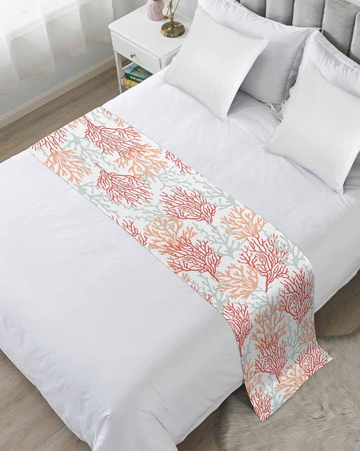 Red Orange Grey Coral Coastal Bed Runner King Size 94x20 Inches Summer Beach Decorative Throw - Image 1