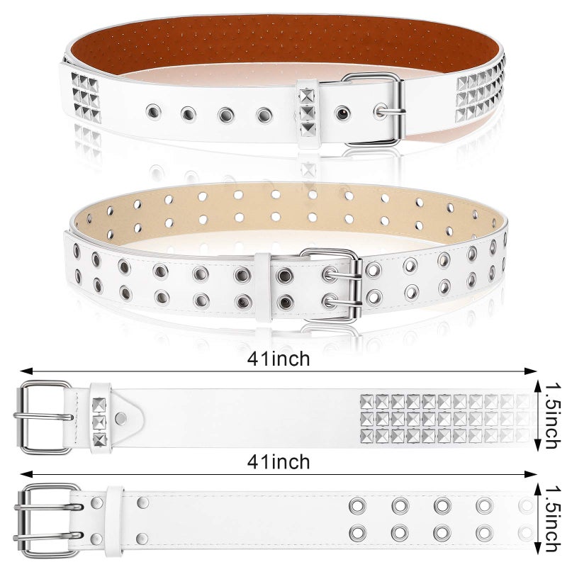 Syhood 2 Pcs Rivet Studded Punk Belt Double Grommet Belt Gothic Belt for Women Men Gift (White,No Chain)  - Image 2