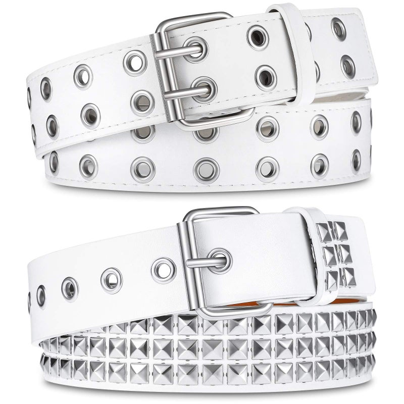 Syhood 2 Pcs Rivet Studded Punk Belt Double Grommet Belt Gothic Belt for Women Men Gift (White,No Chain)  - Image 1