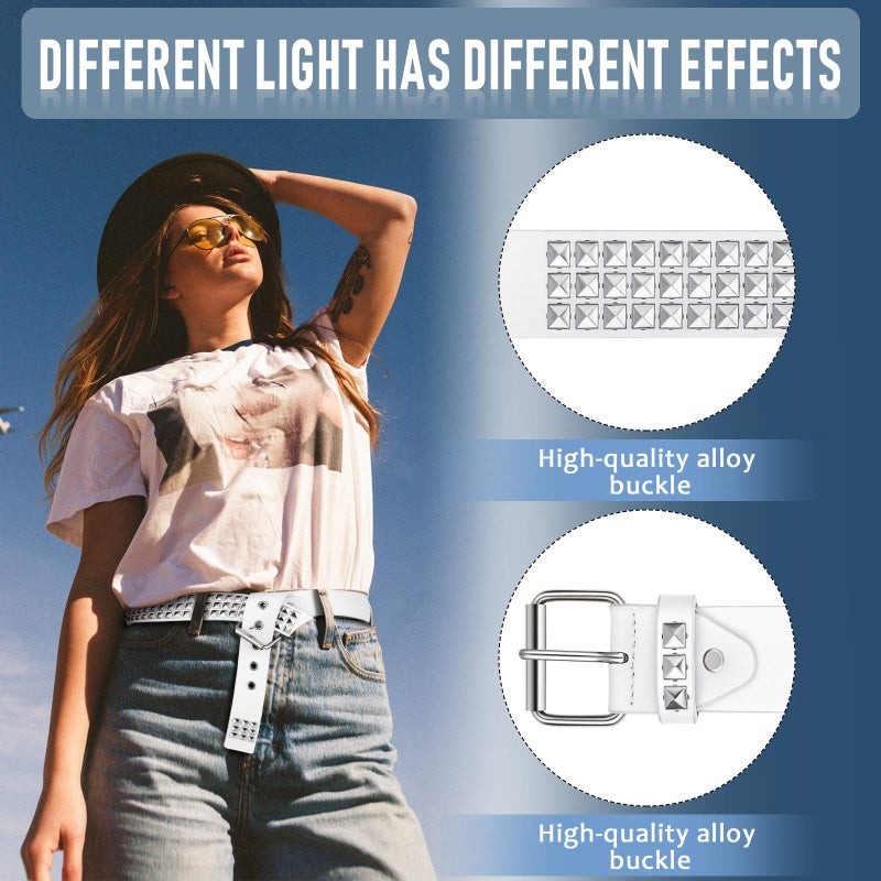Syhood 2 Pcs Rivet Studded Punk Belt Double Grommet Belt Gothic Belt for Women Men Gift (White,No Chain)  - Image 3