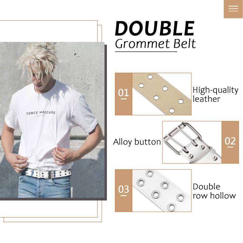 Syhood 2 Pcs Rivet Studded Punk Belt Double Grommet Belt Gothic Belt for Women Men Gift (White,No Chain)  - Image 4