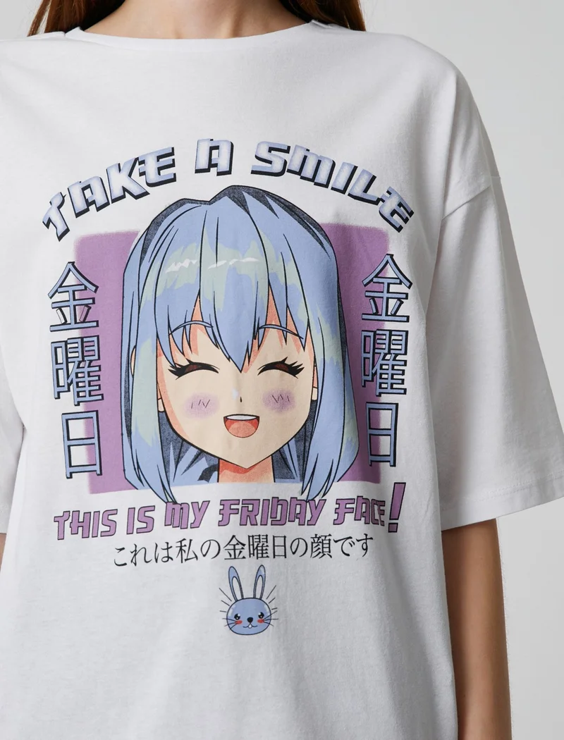 كوتون Anime T-Shirt Oversize Short Sleeve Crew Neck Comfortable Cut