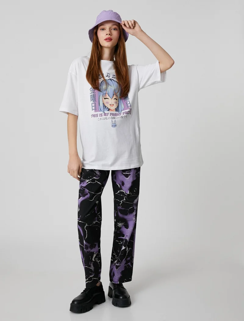 كوتون Anime T-Shirt Oversize Short Sleeve Crew Neck Comfortable Cut