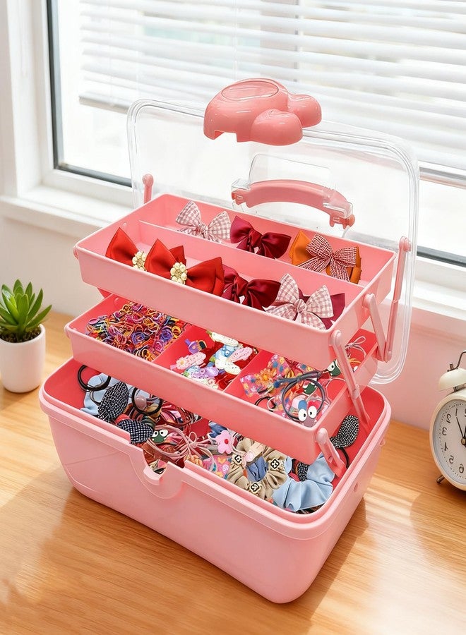 FMOACEN 3-Tier Lockable Hair Accessories Organizer for Girls - Foldable Craft Storage Box Pink Plastic box with 2 Trays for Headbands, Art Supplies, Beads & Washi Tapes - Image 2