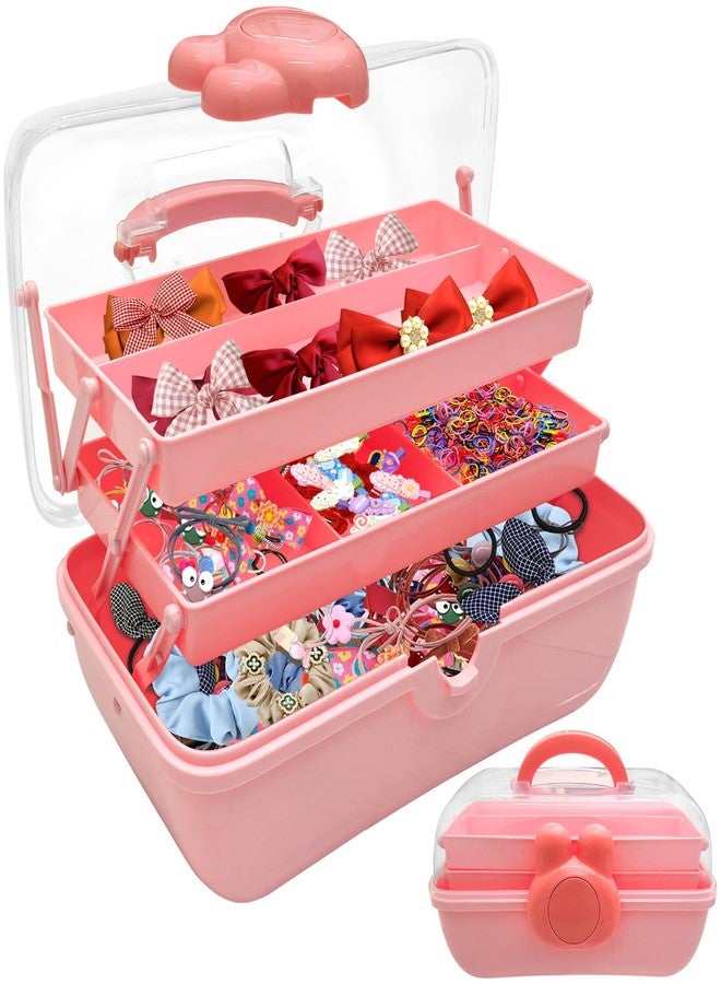 FMOACEN 3-Tier Lockable Hair Accessories Organizer for Girls - Foldable Craft Storage Box Pink Plastic box with 2 Trays for Headbands, Art Supplies, Beads & Washi Tapes - Image 1