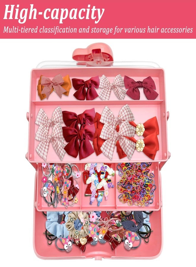 FMOACEN 3-Tier Lockable Hair Accessories Organizer for Girls - Foldable Craft Storage Box Pink Plastic box with 2 Trays for Headbands, Art Supplies, Beads & Washi Tapes - Image 4