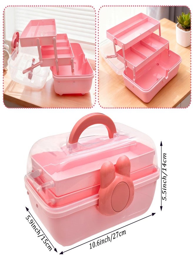 FMOACEN 3-Tier Lockable Hair Accessories Organizer for Girls - Foldable Craft Storage Box Pink Plastic box with 2 Trays for Headbands, Art Supplies, Beads & Washi Tapes - Image 3